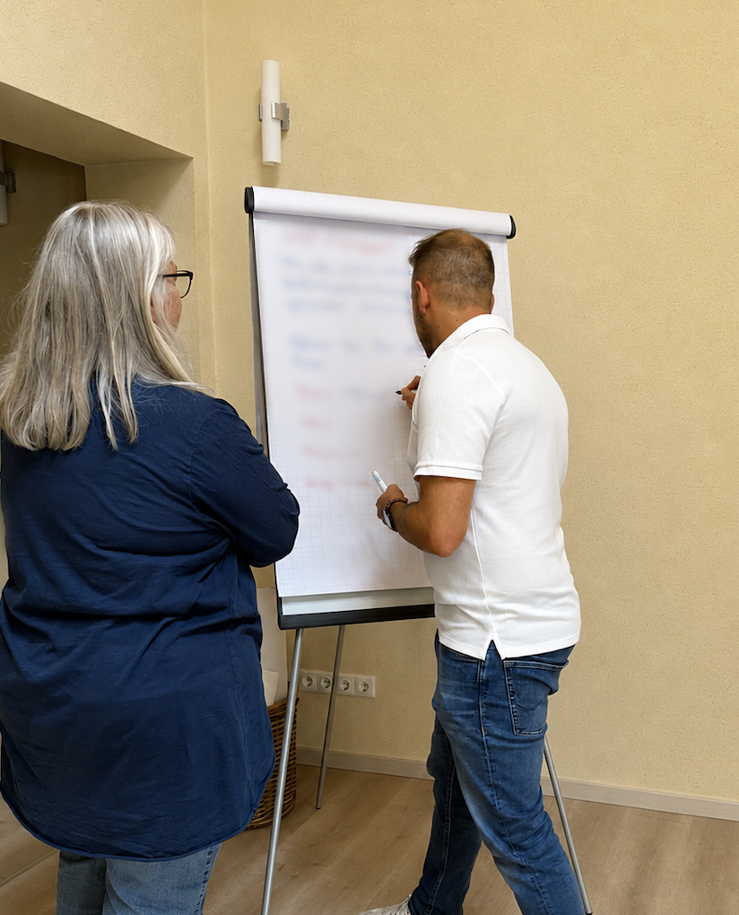 Niklas Hanf und Corina-Nicole Wolff-Pfister gemeinsam am Flipchart während des Value Proposition Designs